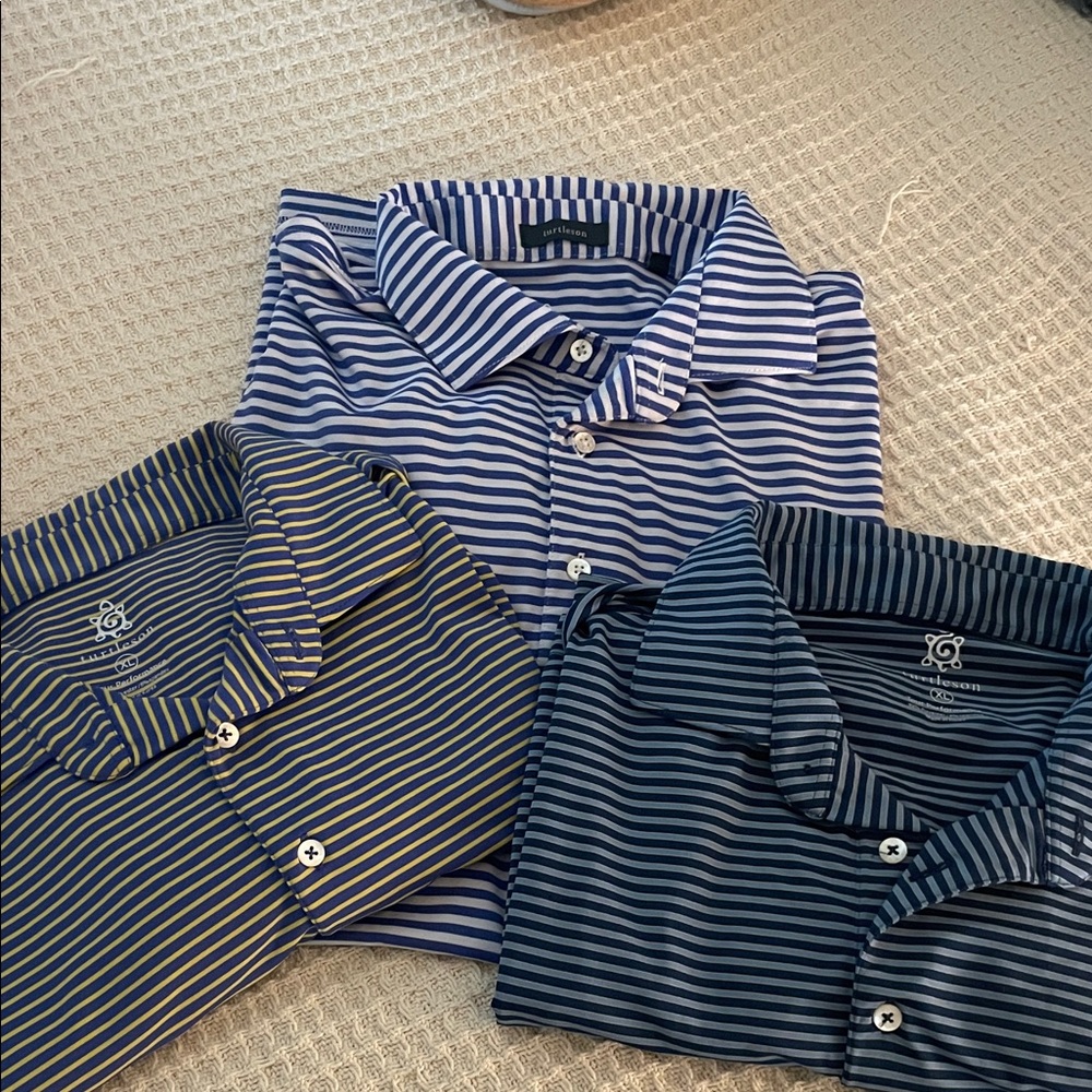 Three-Color Striped Polo Pack — Navy, Light Blue & Yellow-Accent
